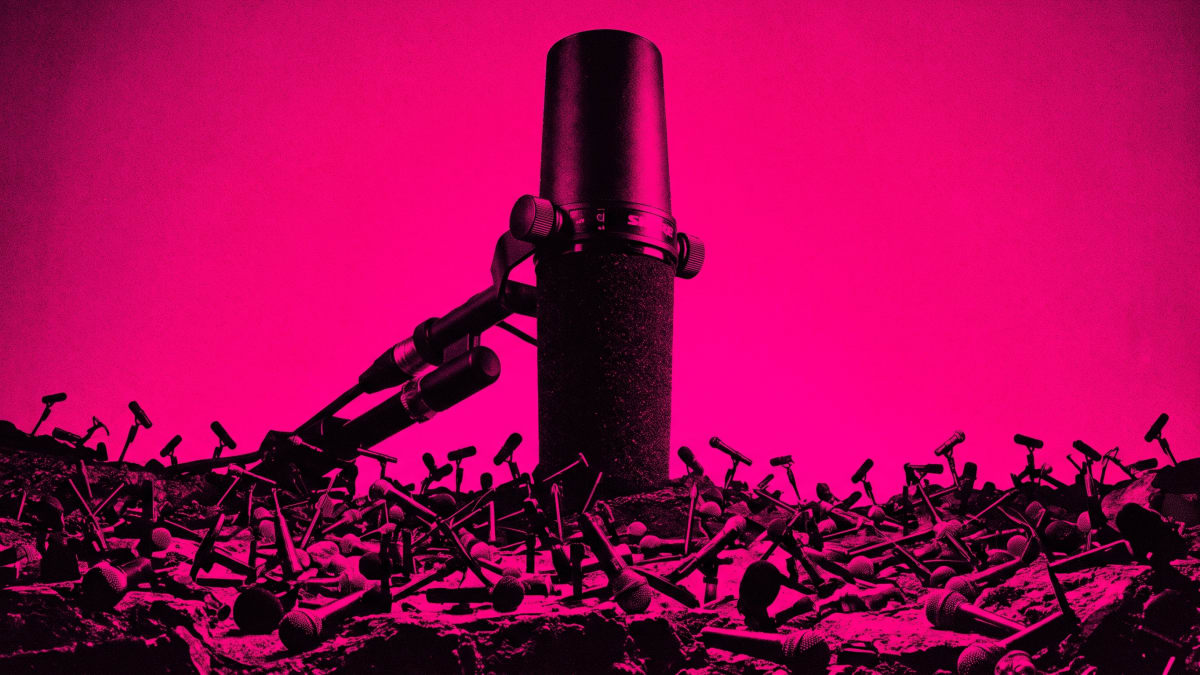 Duotone of one giant studio microphone towering over a field of toppled small microphones