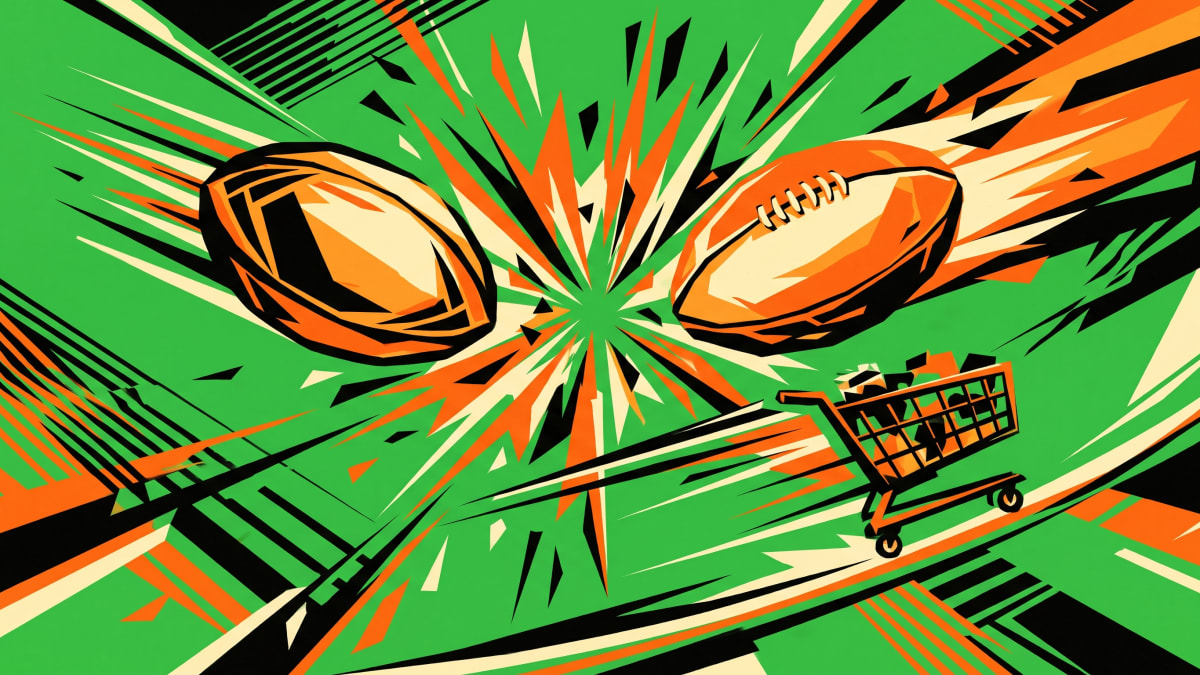 Constructivist poster of a rugby league ball and an AFL ball clashing above a racing supermarket trolley