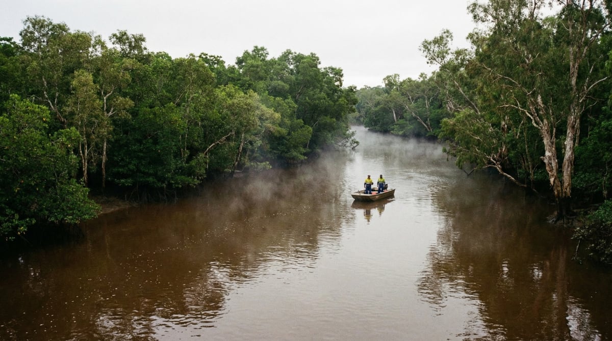 A sawfish swimming in shallow tropical waters, its distinctive elongated snout visible against murky riverbed