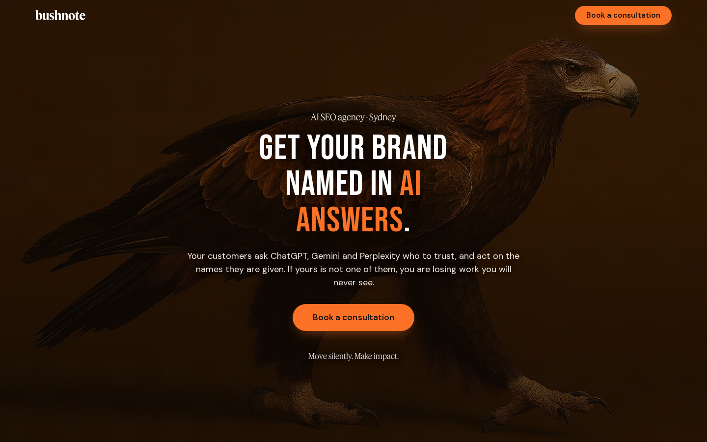 Bushnote AI SEO agency landing page, captured 1 September 2026
