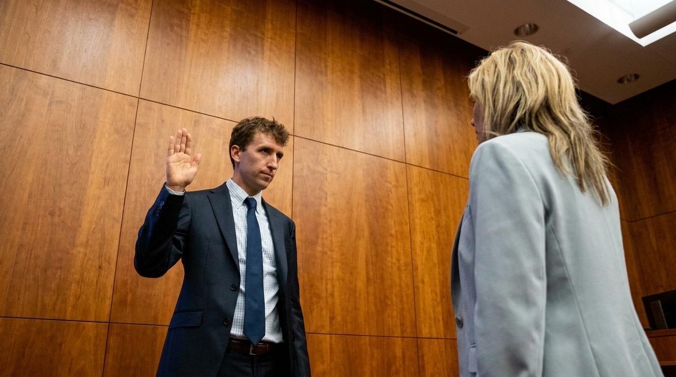 Patrick Clancy stands with his right hand raised as he is sworn in to give evidence in a Plymouth courtroom