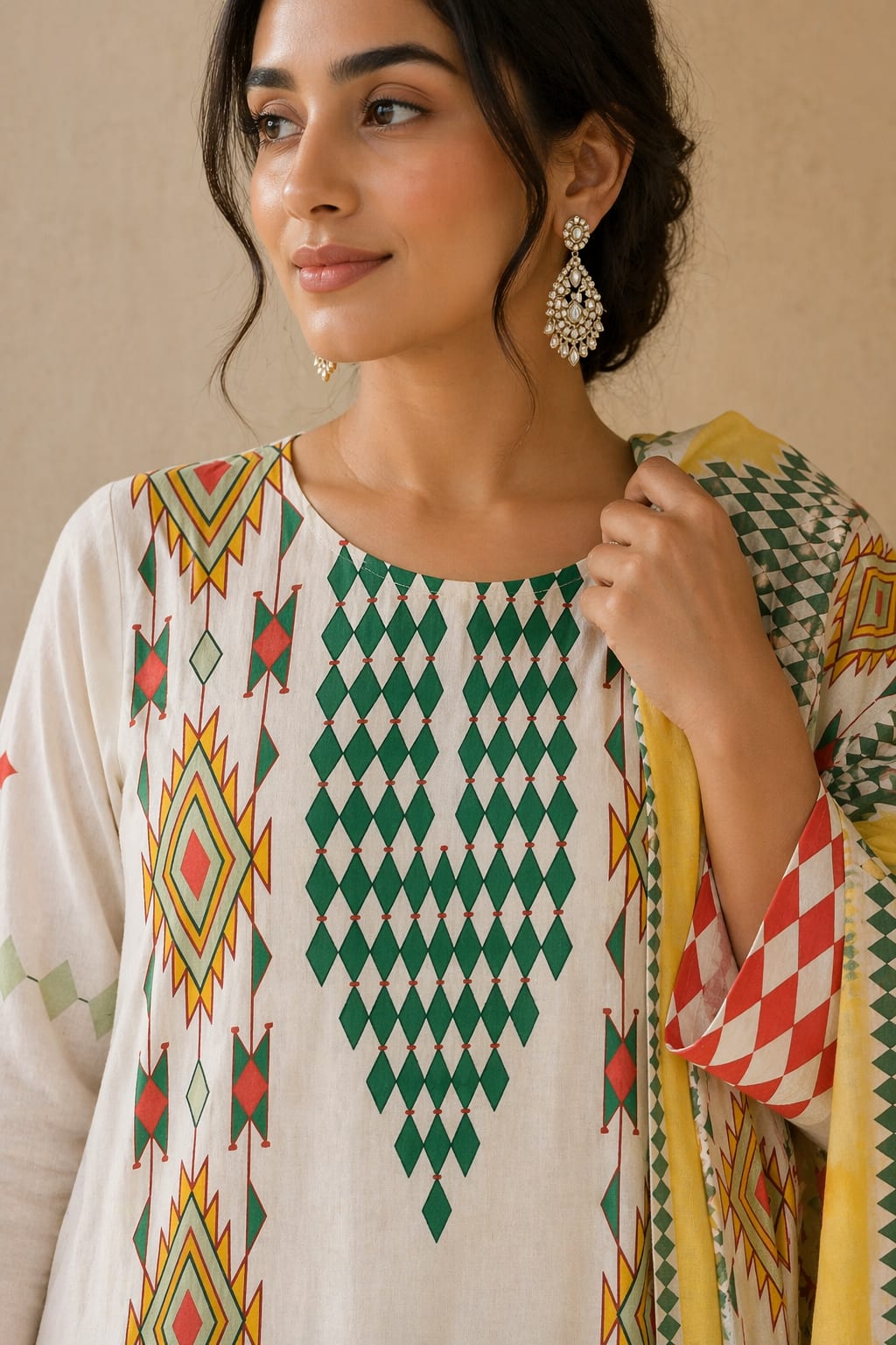 Cream Tribal Diamond Motif Cotton Kurta with Dupatta alternate view
