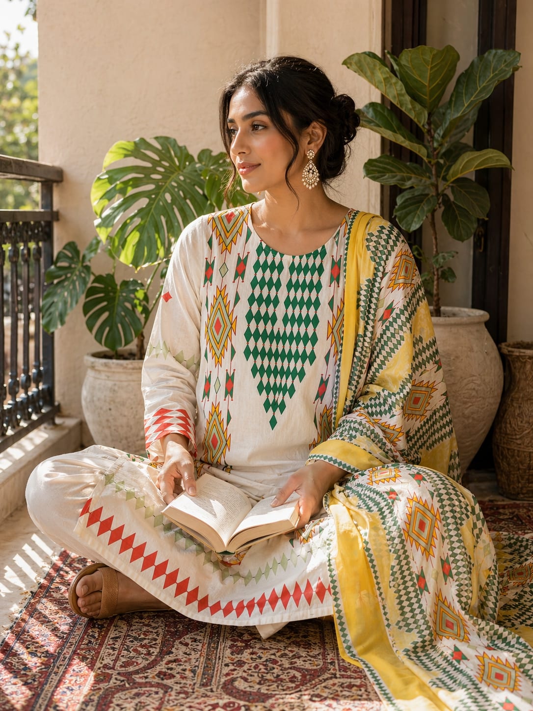 Cream Tribal Diamond Motif Cotton Kurta with Dupatta thumbnail 3