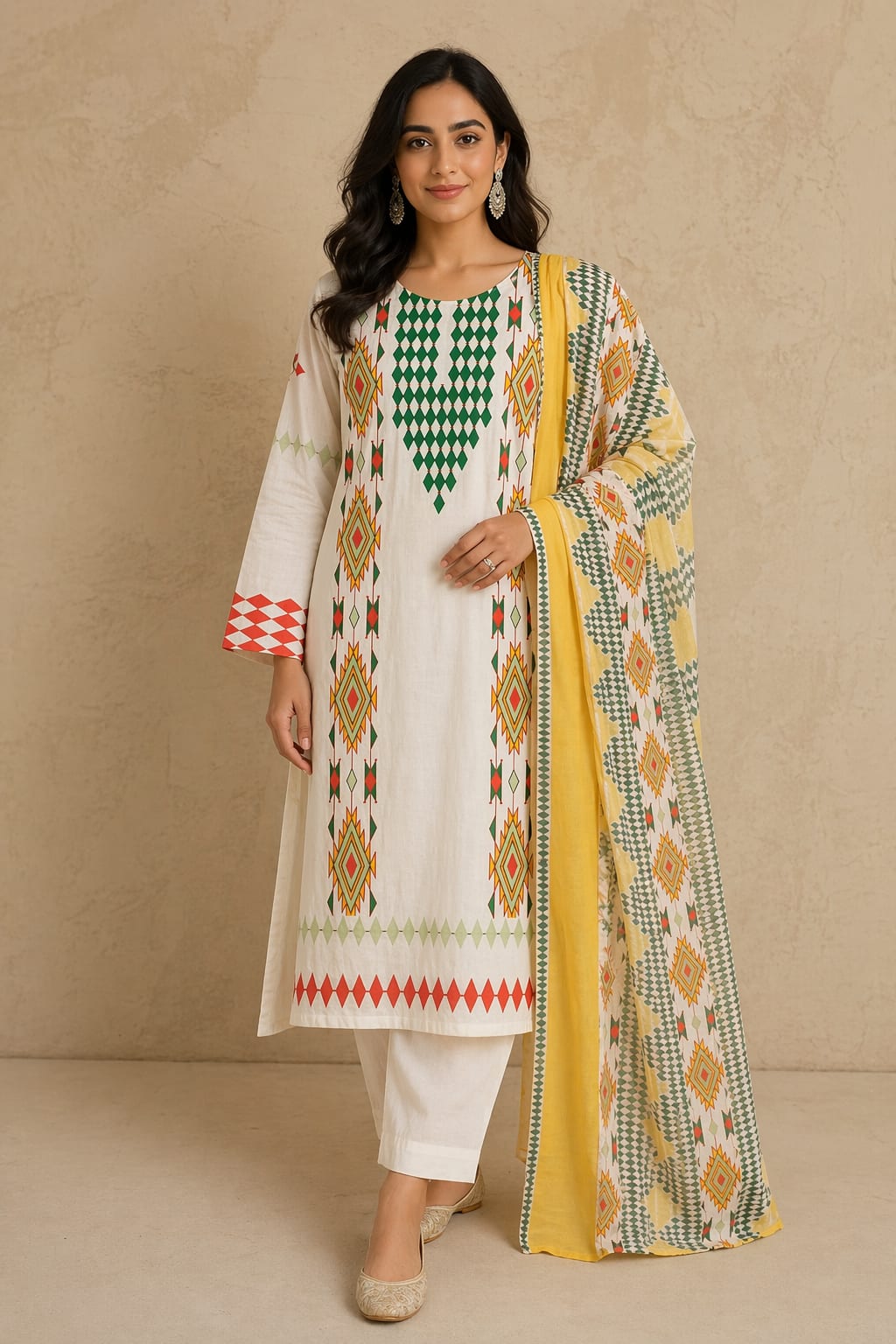 Cream Tribal Diamond Motif Cotton Kurta with Dupatta thumbnail 4