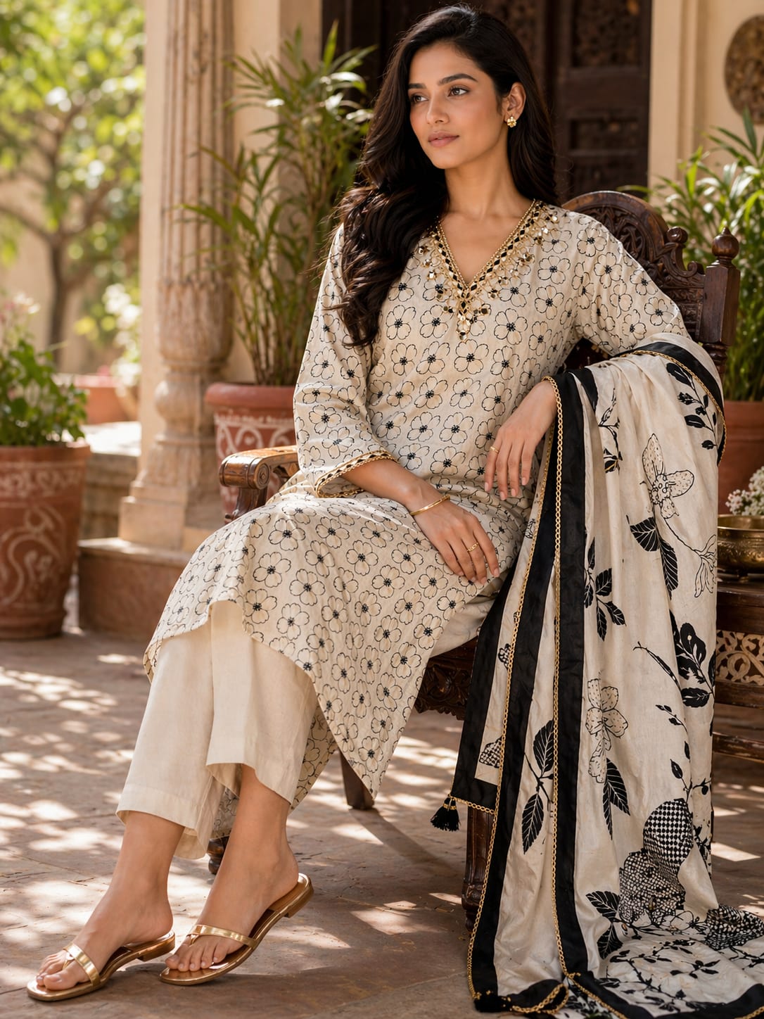 Ivory & Black Printed Pure Mul Kurti Set with Mirror Work: thumbnail 4