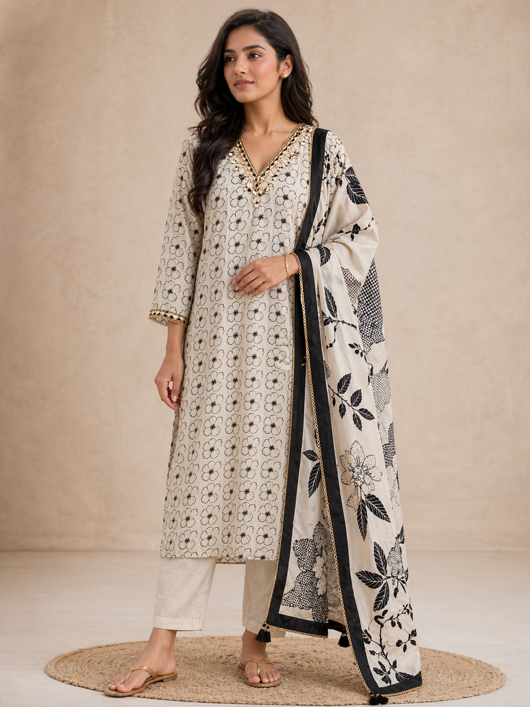 Ivory & Black Printed Pure Mul Kurti Set with Mirror Work: