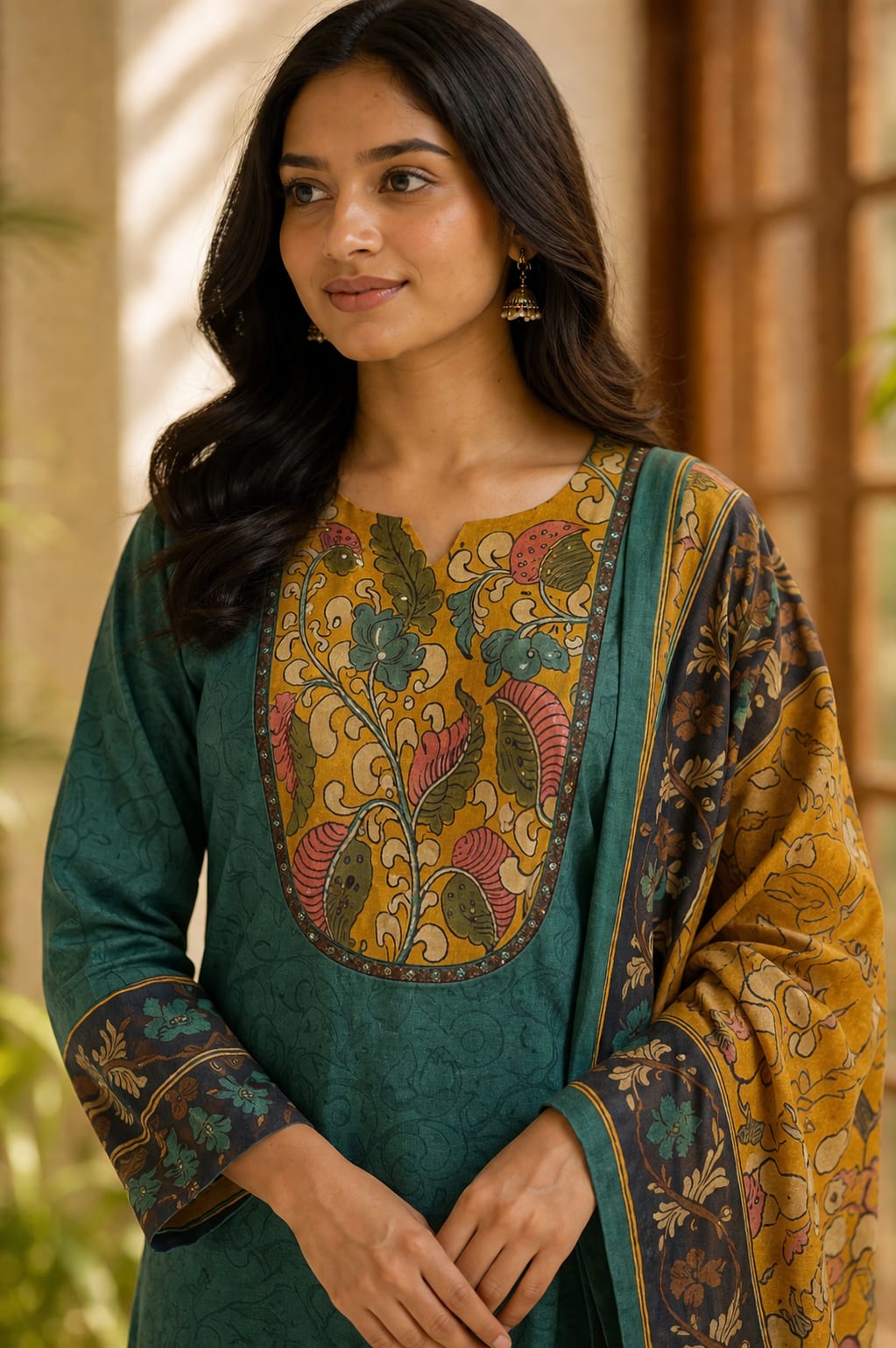 Teal Mustard Kalamkari Cotton Kurta Set alternate view