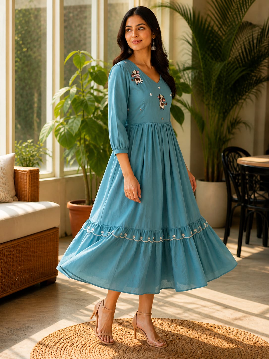 Teal Pure Cotton Embroidered Midi Dress thumbnail 2