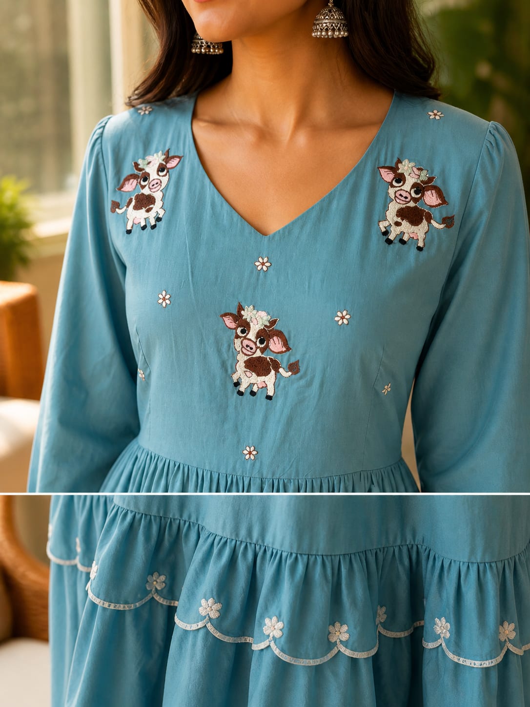 Teal Pure Cotton Embroidered Midi Dress thumbnail 3