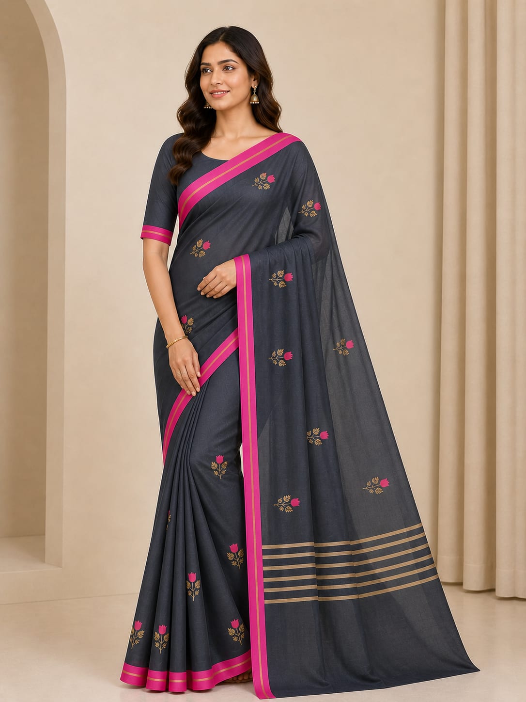 Midnight Floral Chiffon Saree