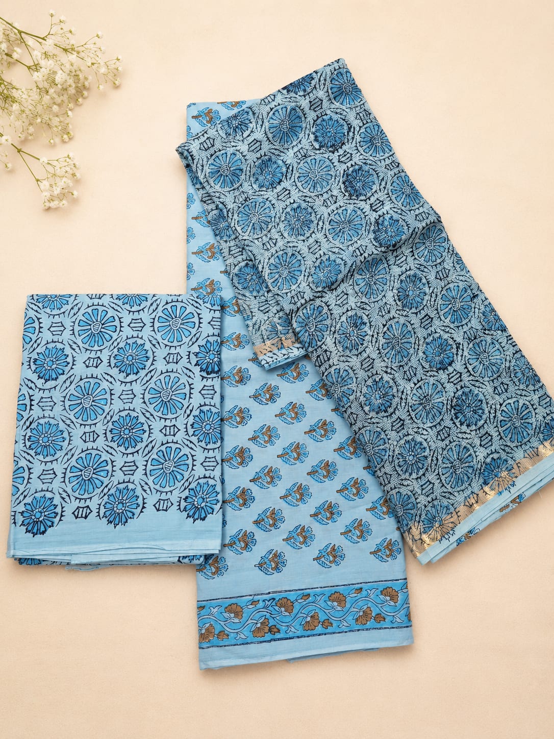Sky Bloom Handblock Cotton Suit Set
