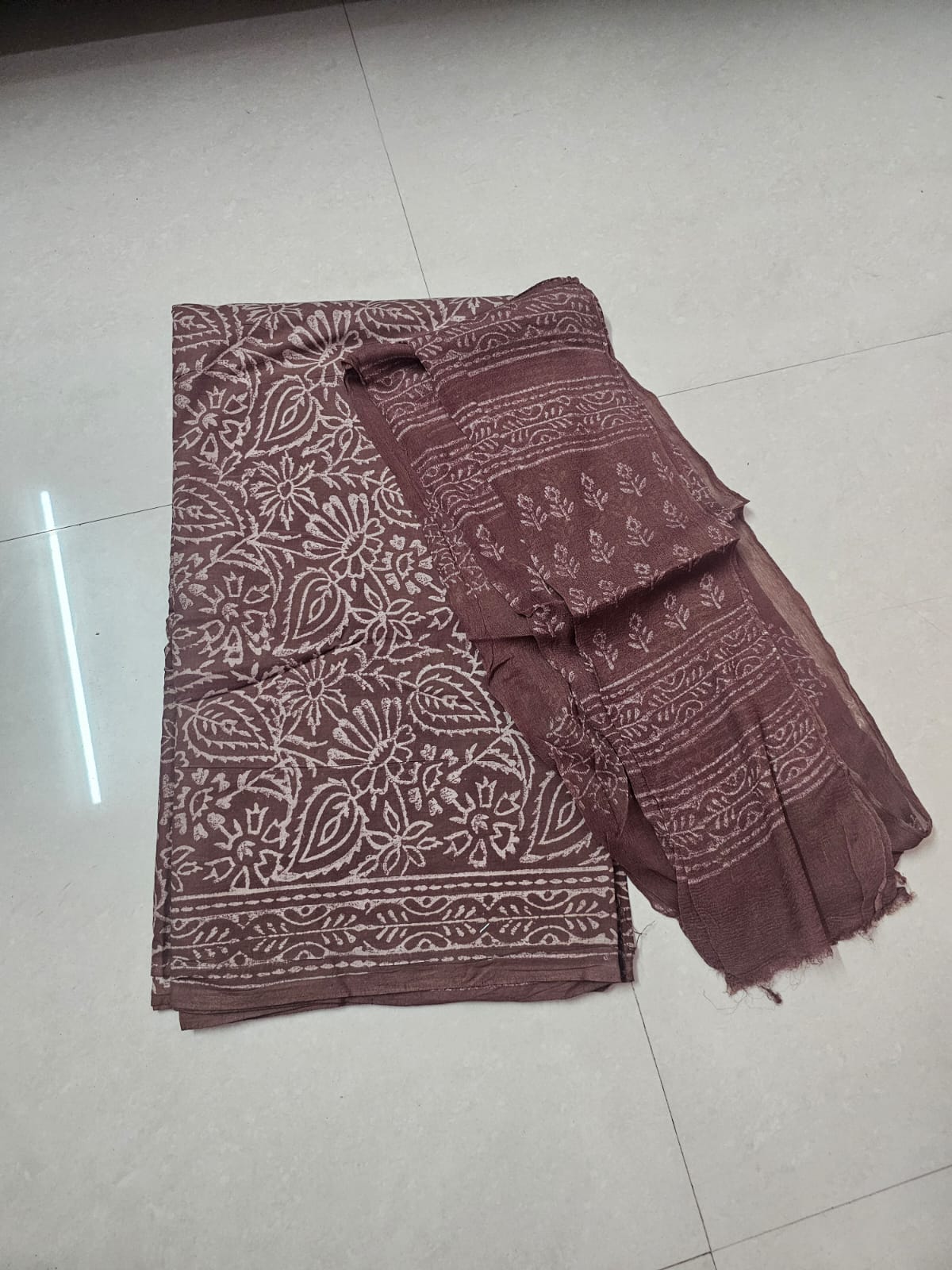Pure Cotton Handblock Cotton Dress material - Brown