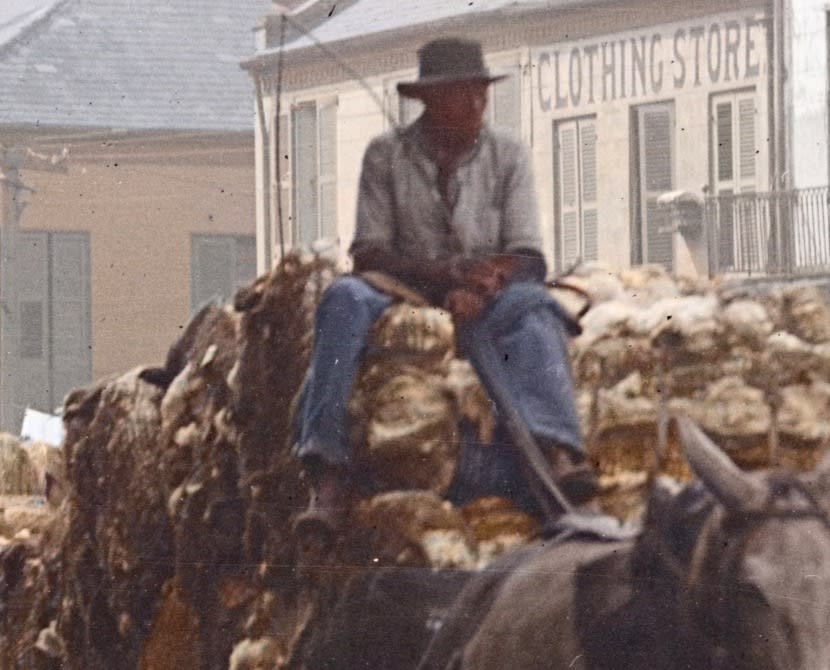 Detail from the plate: a driver seated on his loaded wagon on Decatur Street, a clothing store behind him
