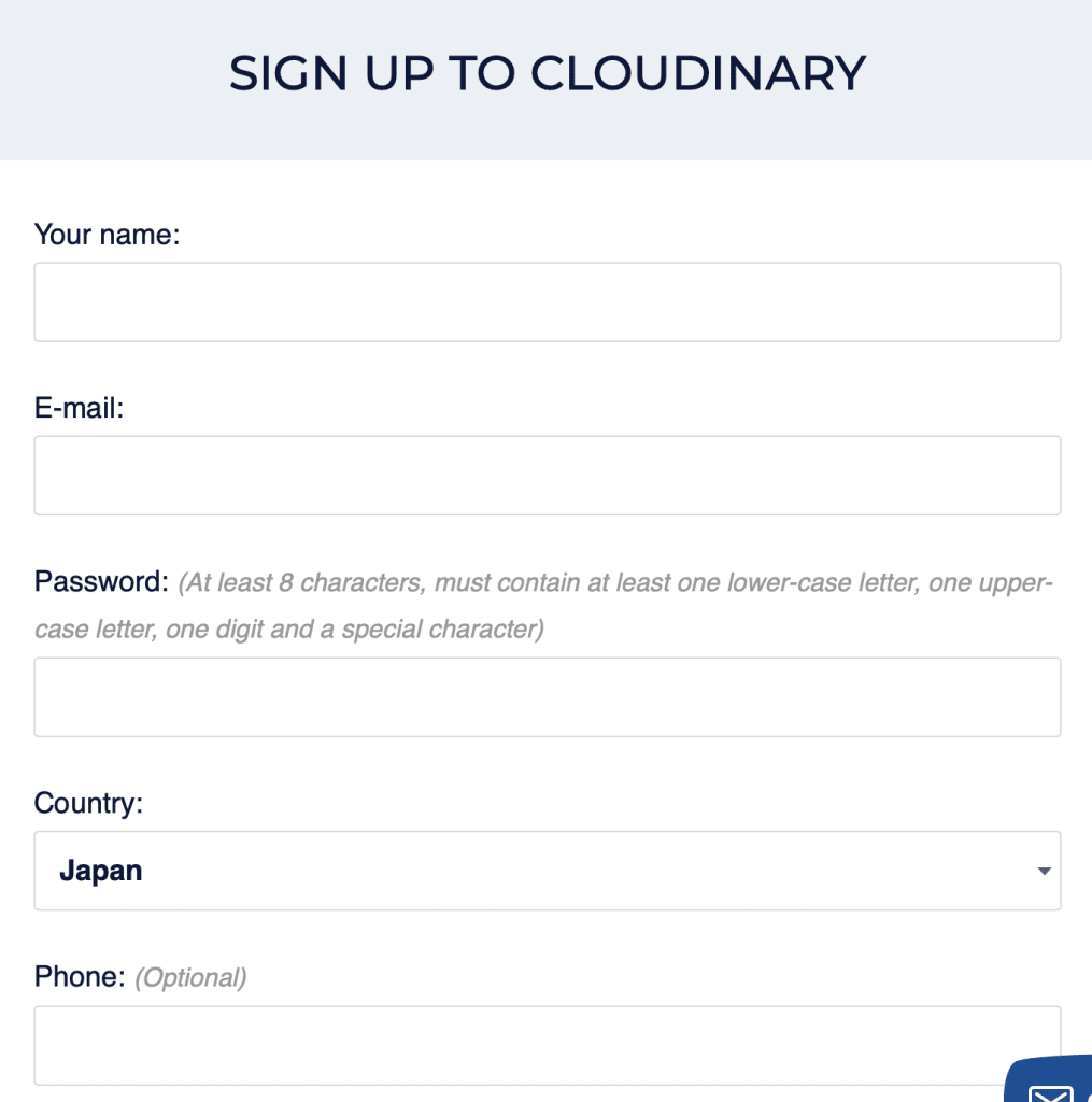 Cloudinaryサインアップ画面