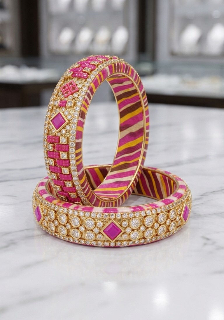 Premium Gold-Plated Magenta Stone Studded Bridal Bangles (Set of 2)