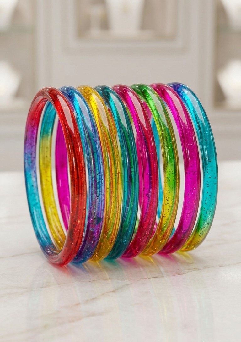 Vibrant Multi-Color Glitter Resin Bangles Set for Women & Girls