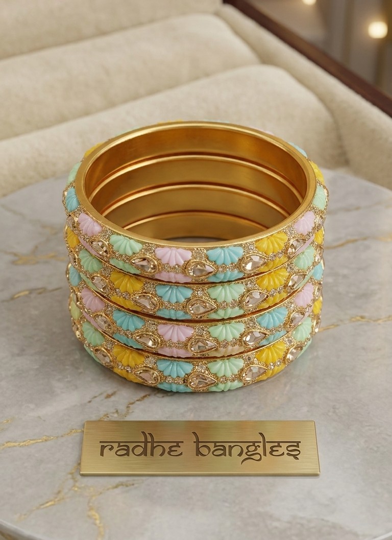 Radhe Bangles Pastel Enamel & Stone Embellished Designer Chudi Set (Set of 4)