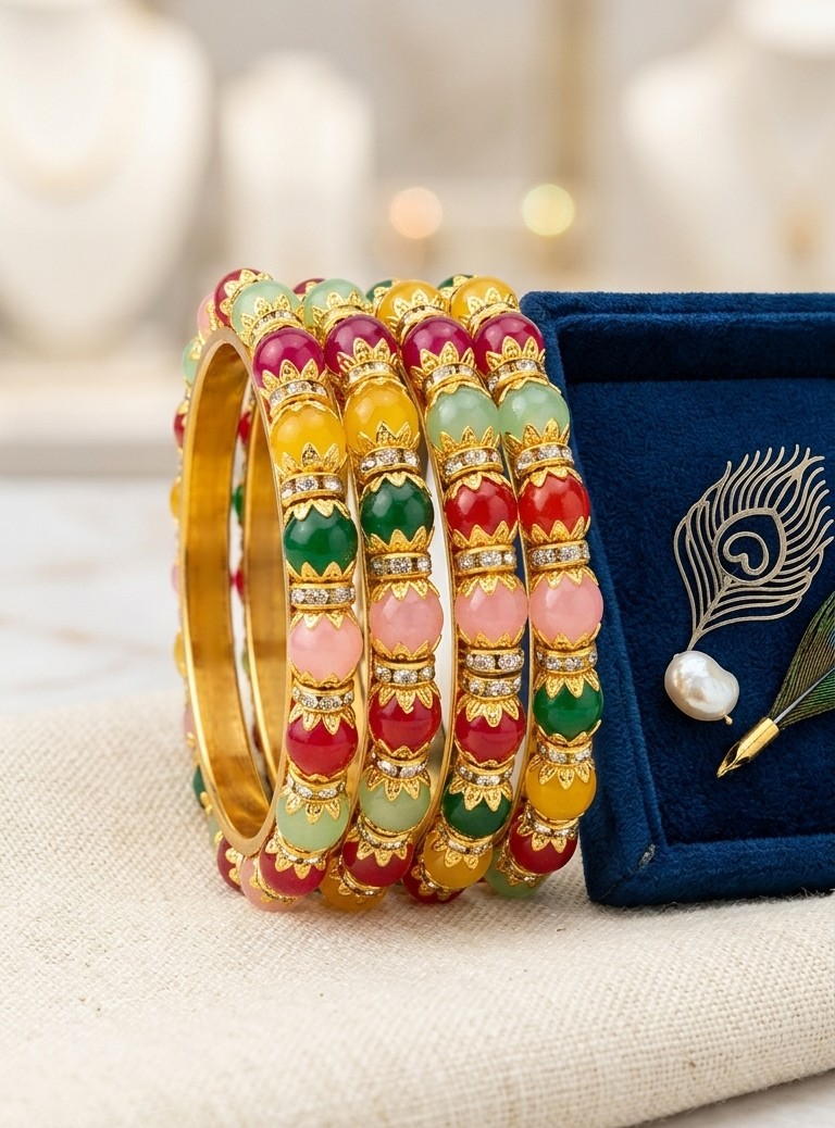 Traditional Multi-Color Beaded Gold-Toned Bangle Set (Set of 4)