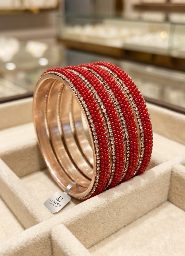 Luxury Red Beaded & Rhinestone Bridal Bangle Set