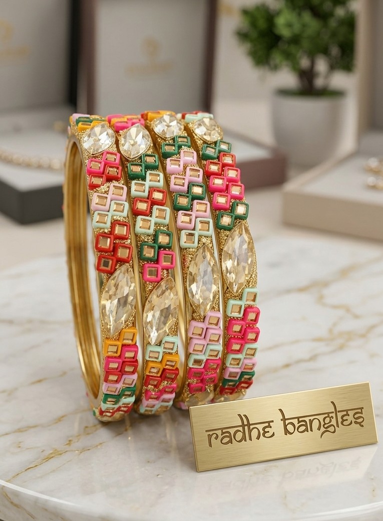 Radhe Bangles Geometric Enamel & Marquise Stone Gold Bangle Set (Set of 4)