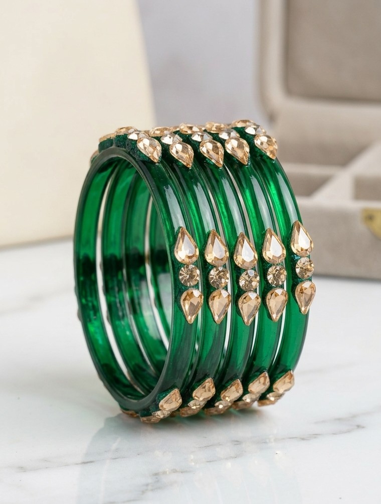 Elegant Emerald Green Bangles with Teardrop Stone Accents