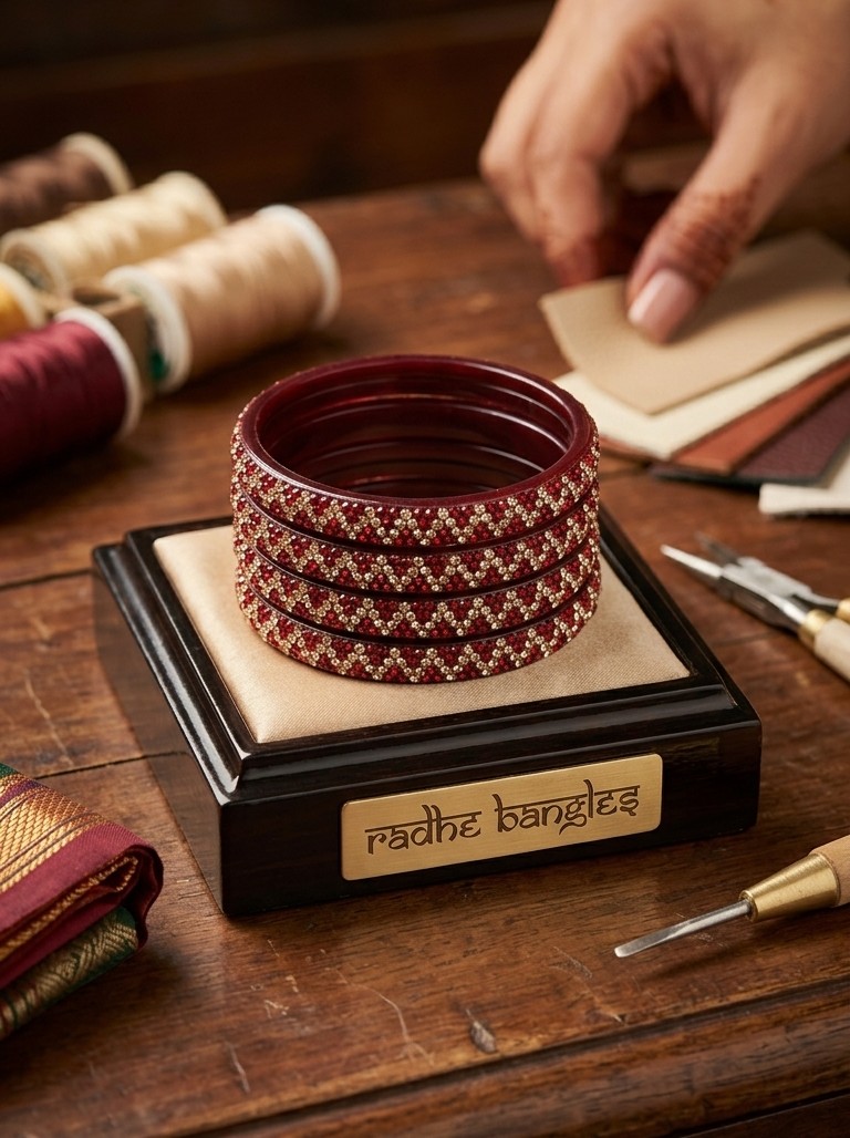 Radhe Bangles Deep Maroon Zig-Zag Stone Embellished Chudi Set (Set of 4)