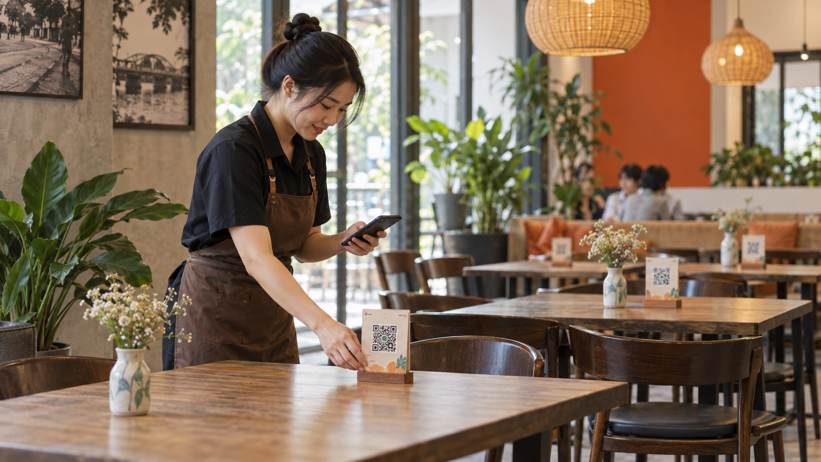 Nhân viên đặt và kiểm tra mã QR riêng trên các bàn trong quán cafe