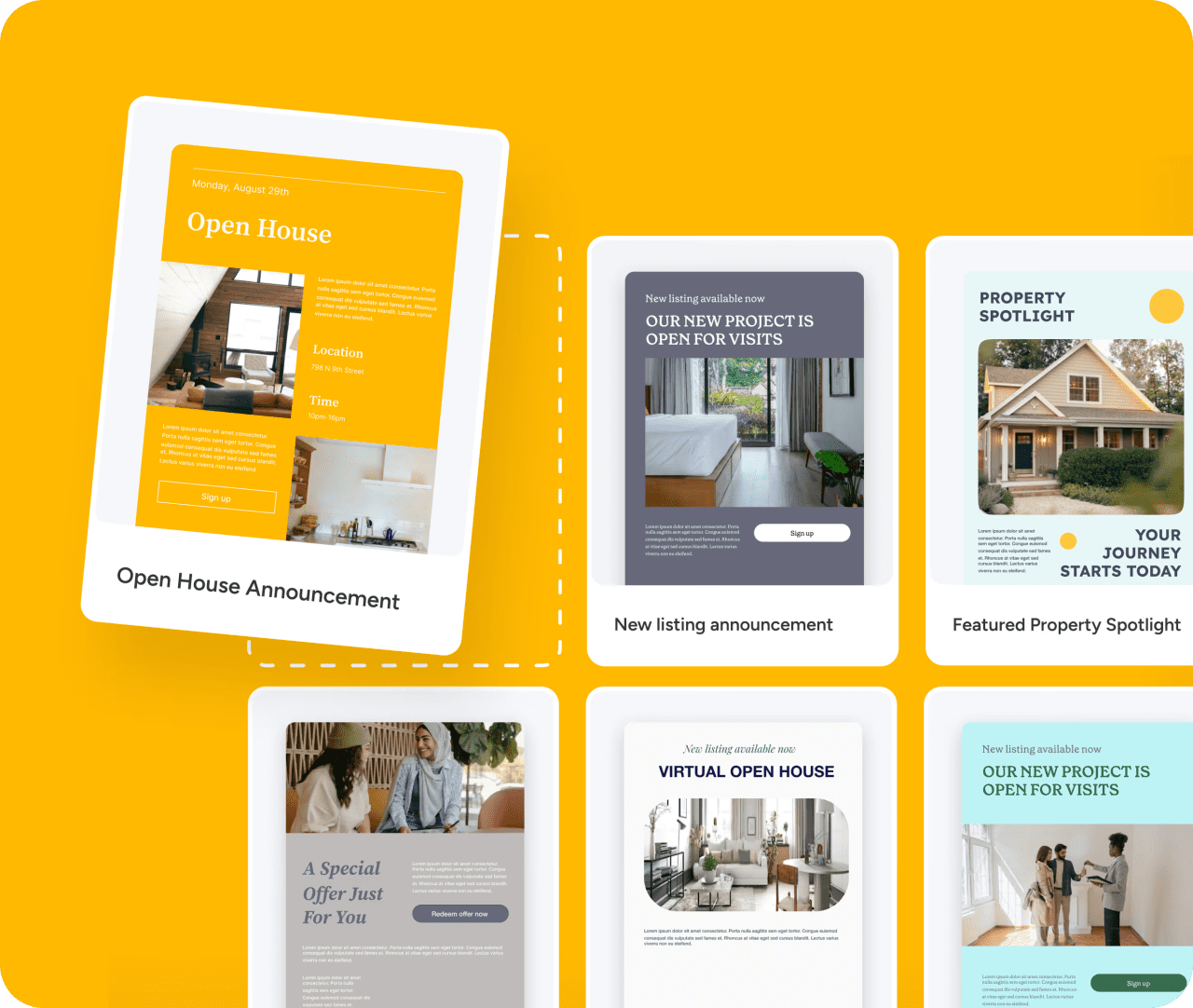 Collage of monday CRM branded email campaign templates on a yellow background