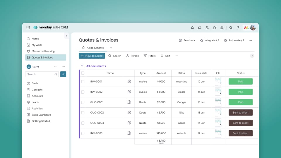 monday CRM Quotes and Invoices overview with document list and invoice preview