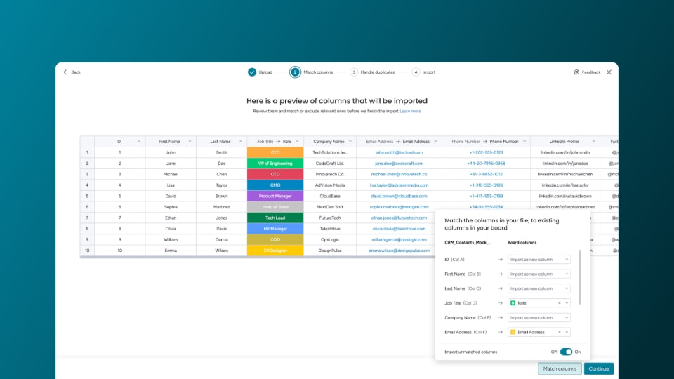 monday CRM data import flow with spreadsheet-style preview and column mapping