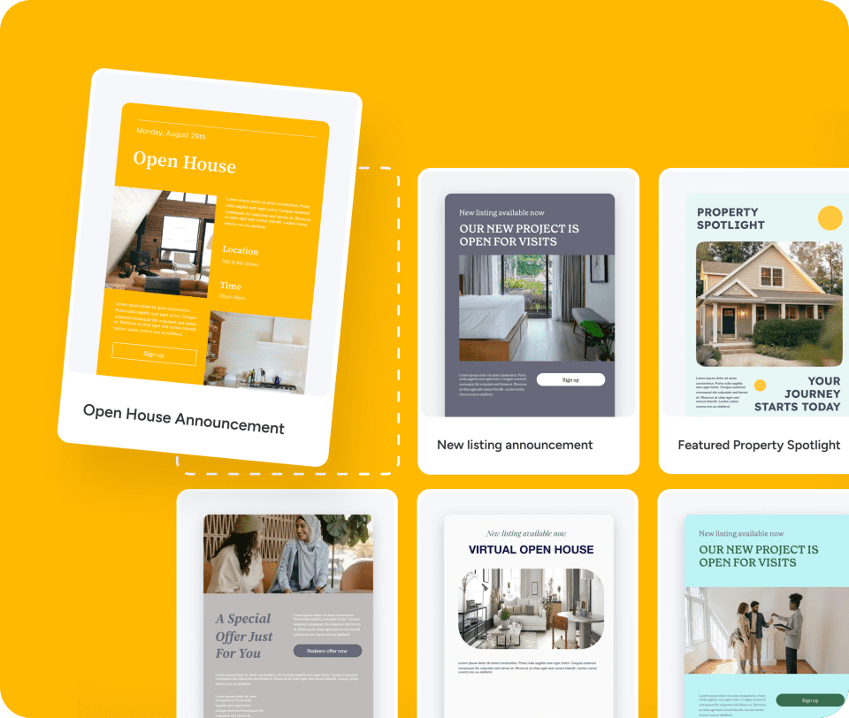 Collage of monday CRM branded email campaign templates on a yellow background