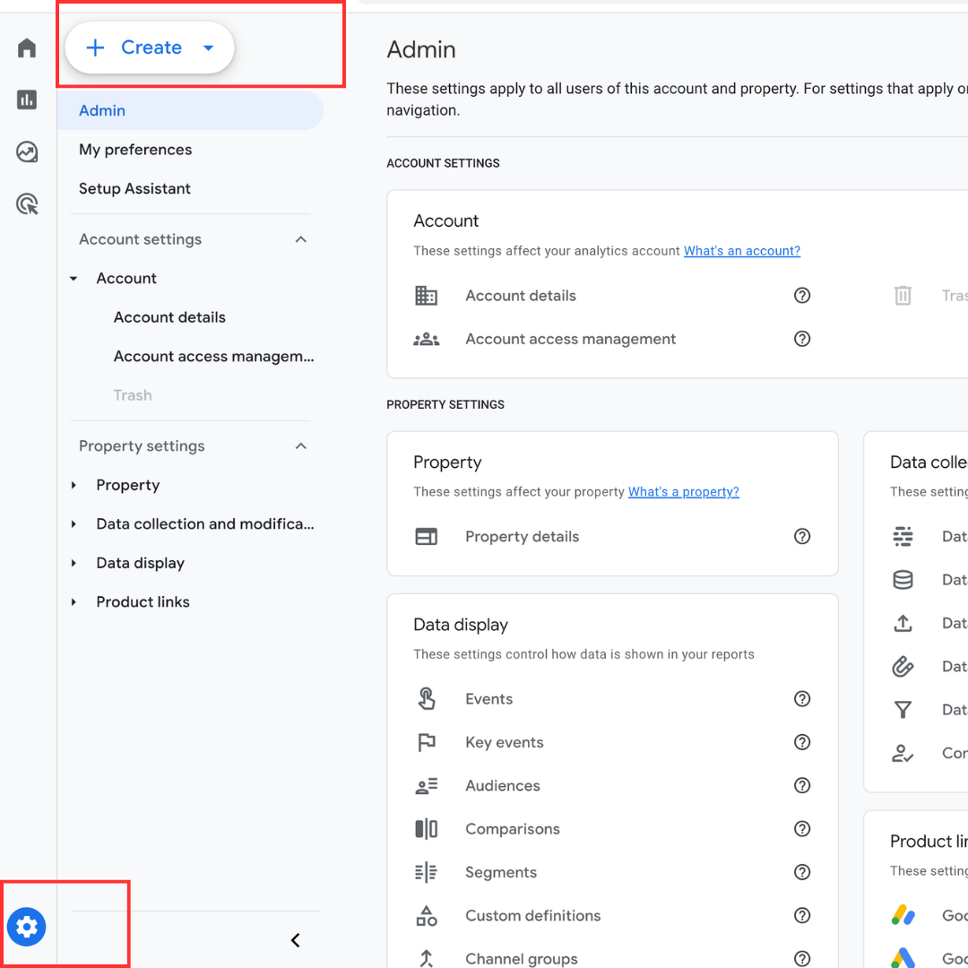 Google Analytics admin dashboard