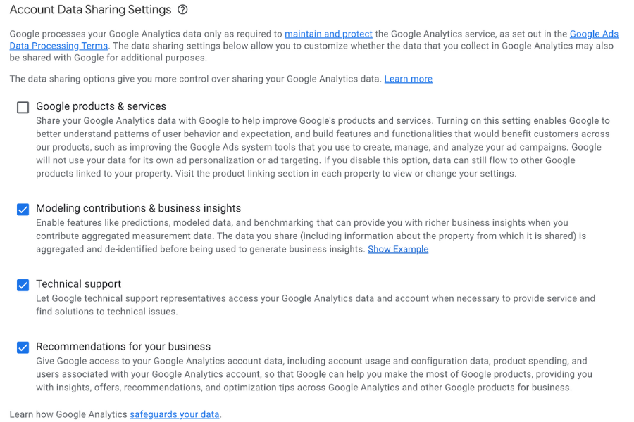 Account data sharing settings