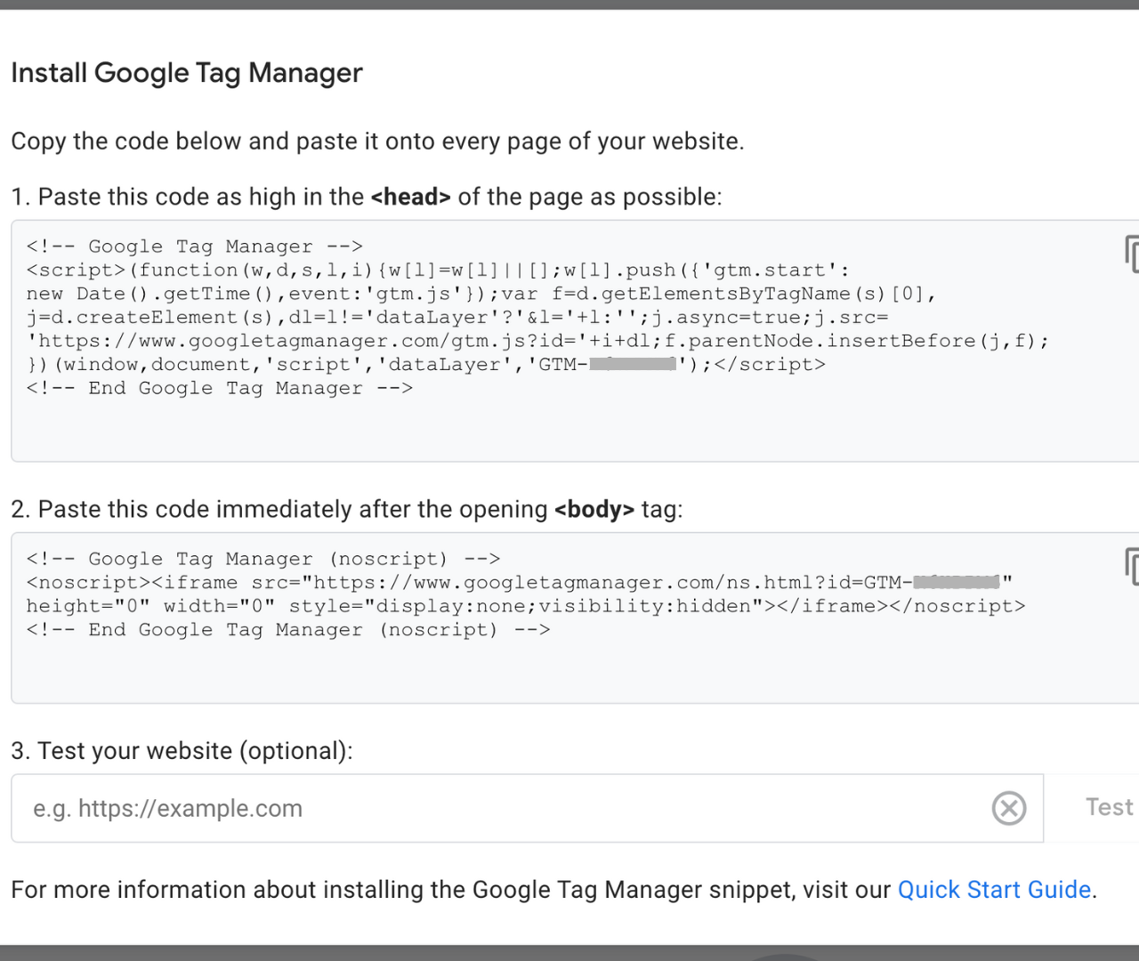 Google Tag Manager code snippet with instructions