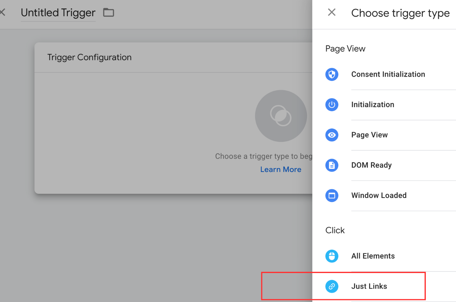 Just clicks section of google tag manager