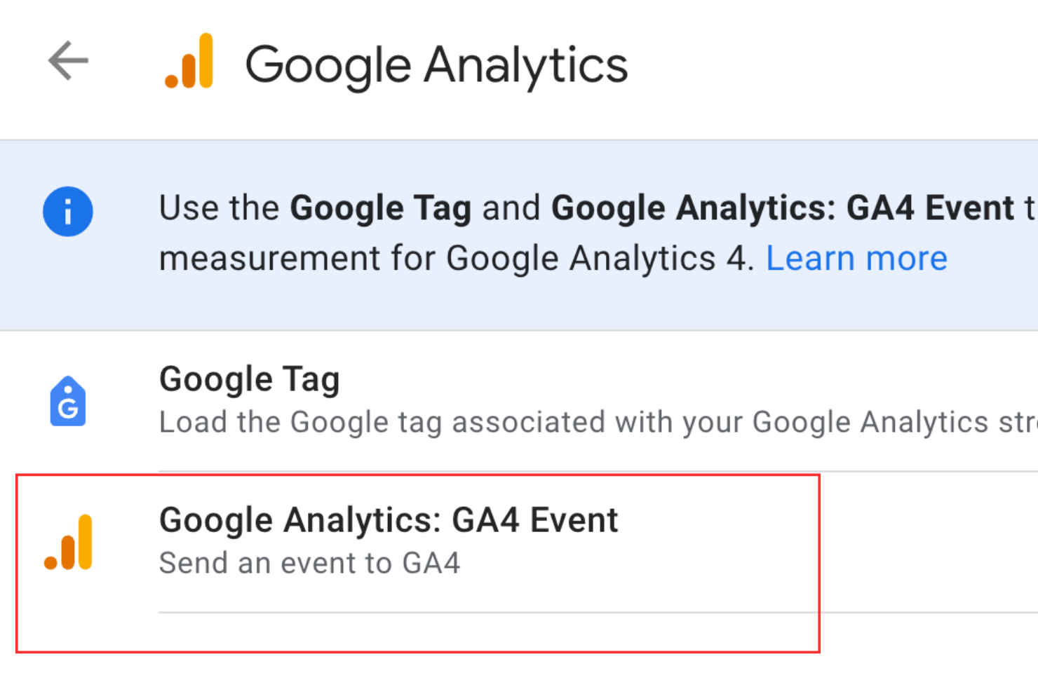 New tag selection using GA4 event