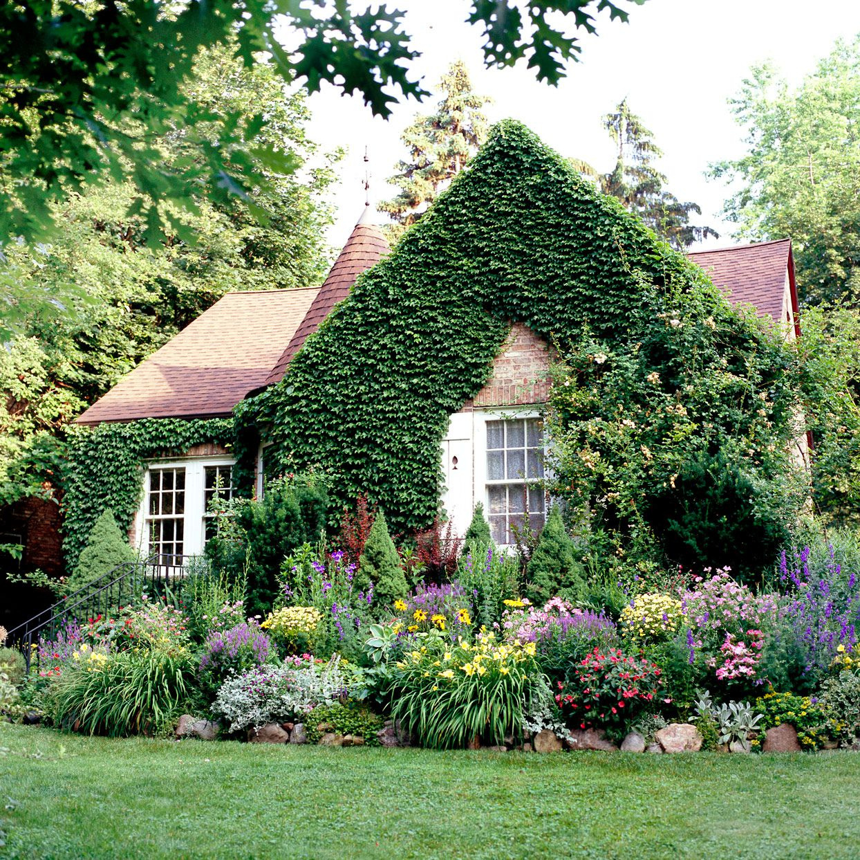 Cottage garden with colorful flowers and lavender