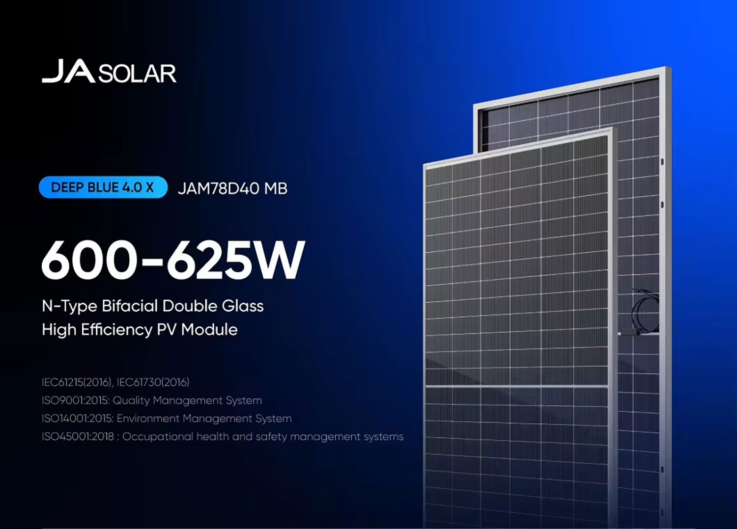 JA Solar 585W,595W, 595W, 605W, 610W, 625W, 705W, 710W, 720W N-Type Bifacial Panel