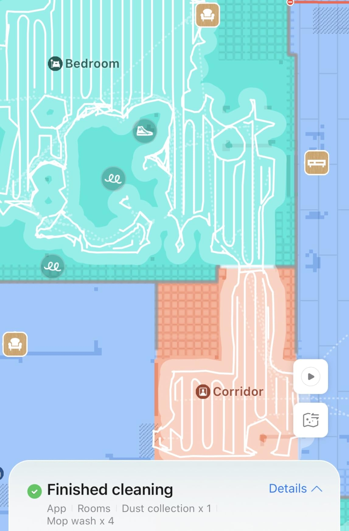 Roborock app screenshot showing cleaning map