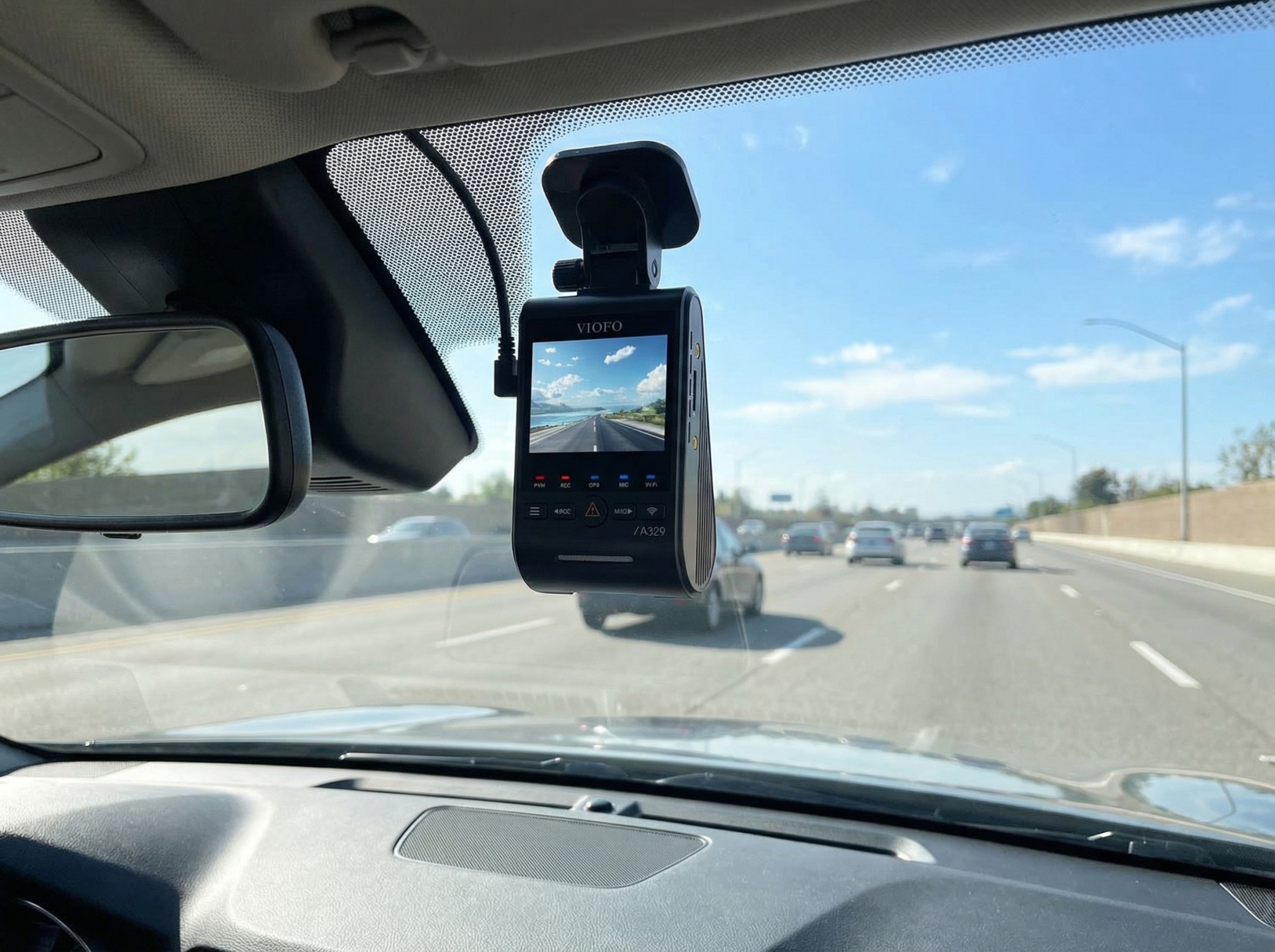 Viofo A329S dual-channel dash cam mounted on a windshield
