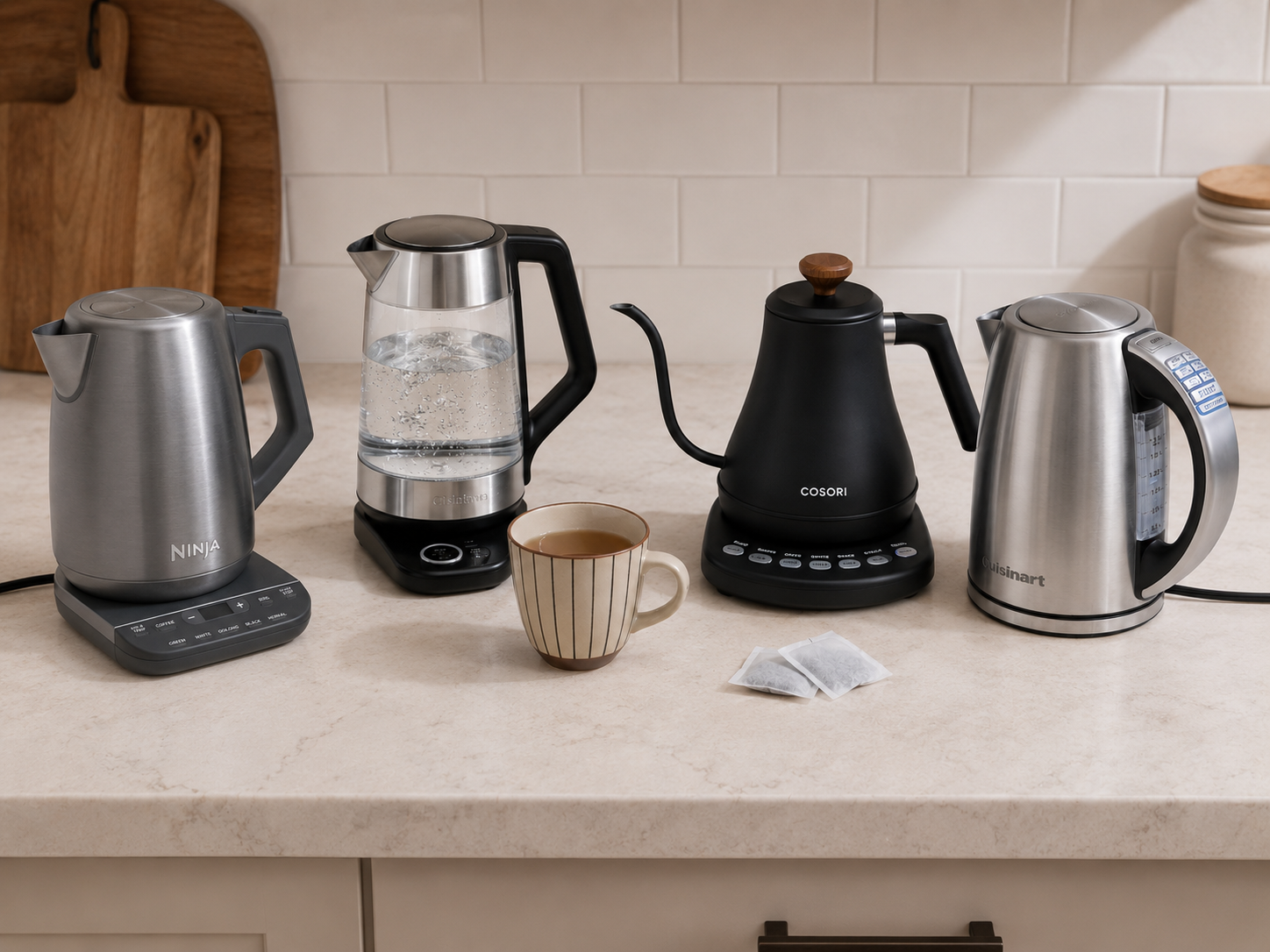 A modern electric kettle on a kitchen counter with steam rising