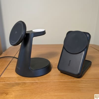 A 3-in-1 wireless charging station powering an iPhone, Apple Watch, and AirPods on a nightstand