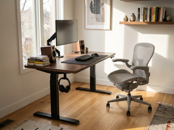 A sturdy dual-motor standing desk in a modern home office