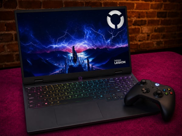 A high-end gaming laptop with RGB keyboard illumination on a dark desk