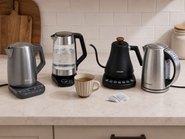 A modern electric kettle on a kitchen counter with steam rising