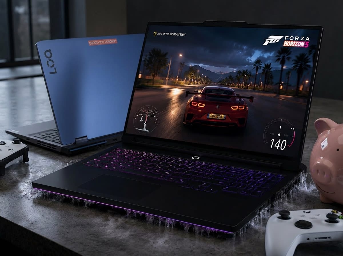 A quiet gaming laptop on a dark desk with minimal ambient lighting