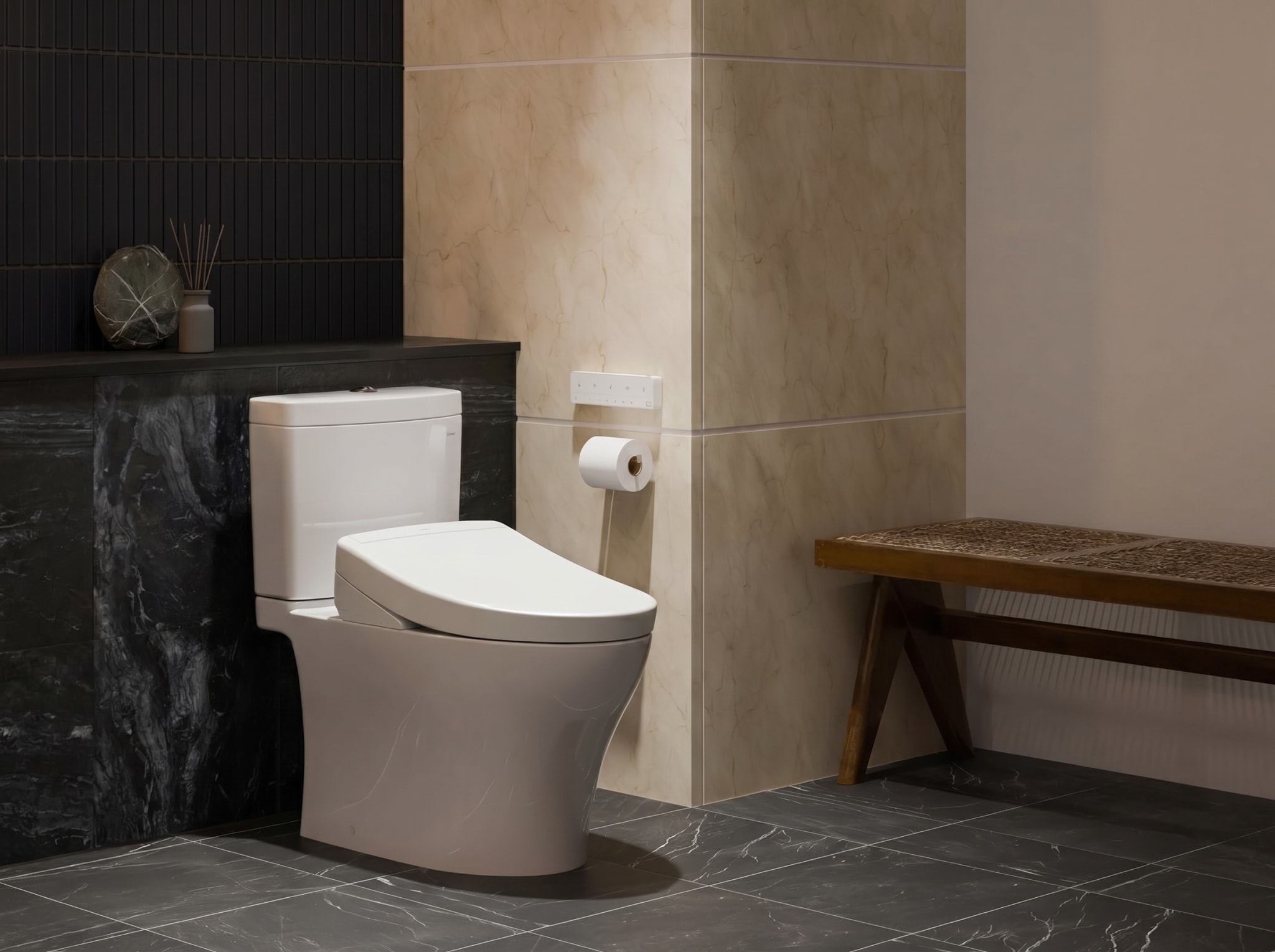 A modern white bidet toilet seat installed in a clean bright bathroom