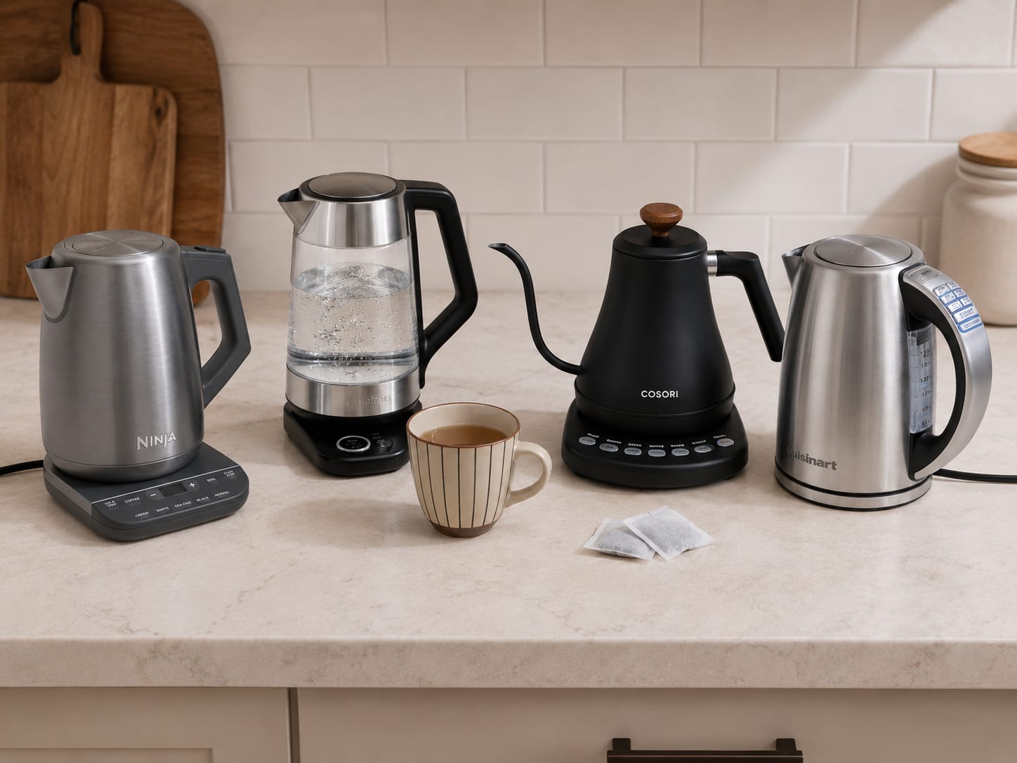 A modern electric kettle on a kitchen counter with steam rising