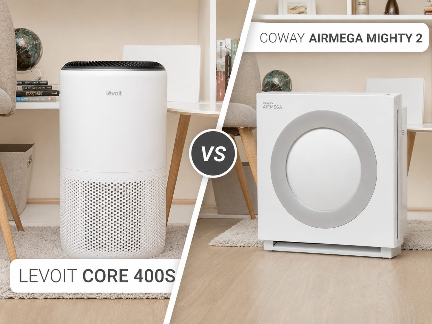 Side by side comparison of the Coway Airmega Mighty 2 and Levoit Core 400S air purifiers in a modern living room