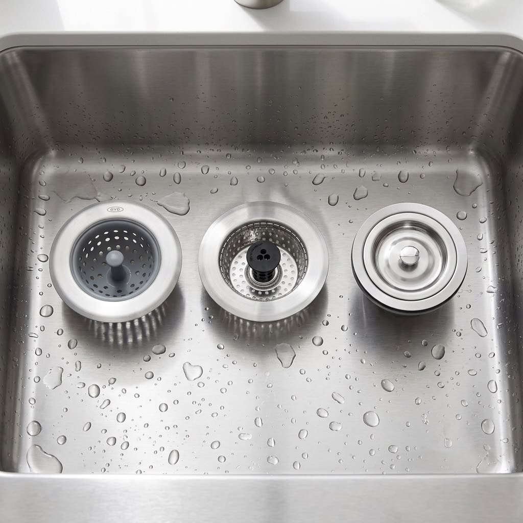 A modern, clean kitchen sink with a high-quality strainer installed